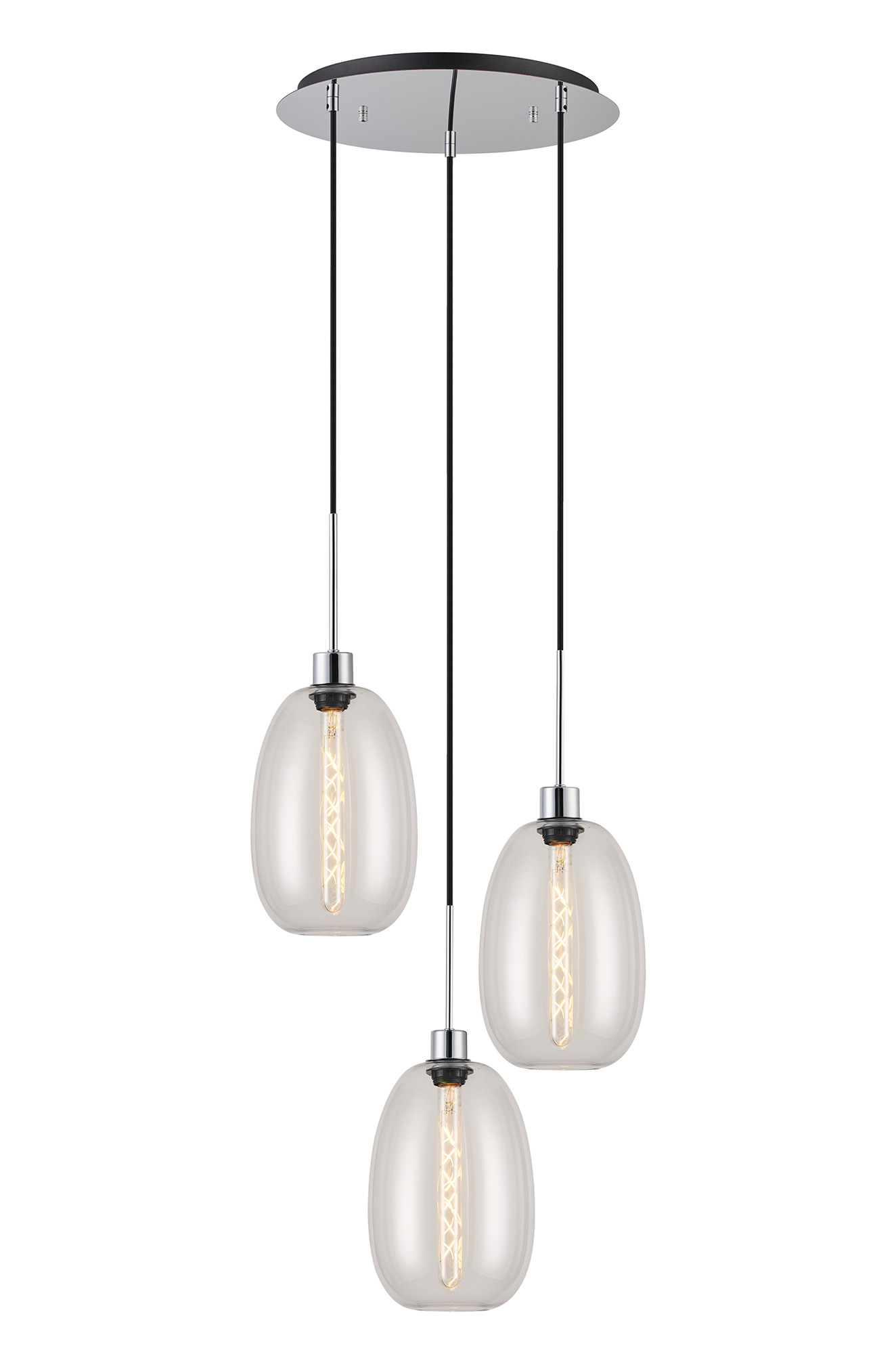 DK1269  Lori 40cm Round Pendant, 3 Light Adjustable E27, Polished Chrome/Clear Slim Curved Trapezium Shades